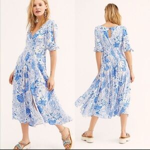 Free People Blue Floral Boho Midi Dress Size 8